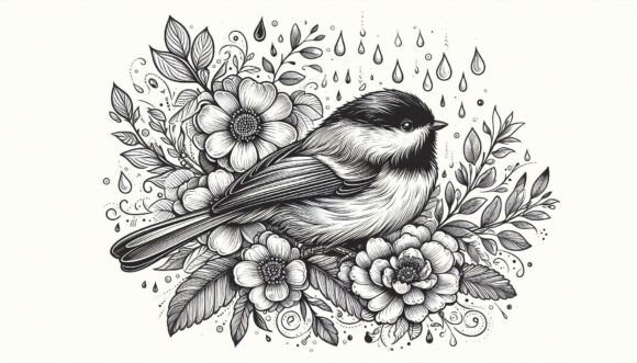 Download Chickadee with Blooms and Raindrops - Raindrops Collection