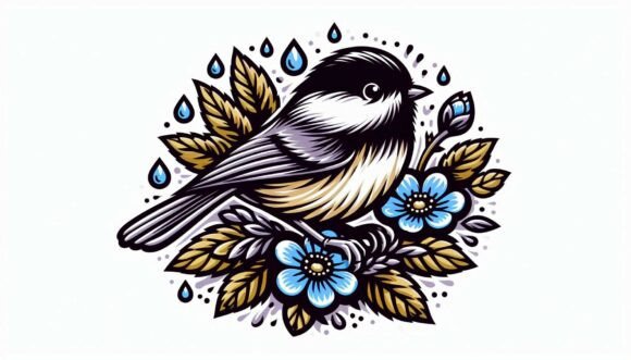 Download Chickadee with Blooms and Raindrops - Raindrops Collection