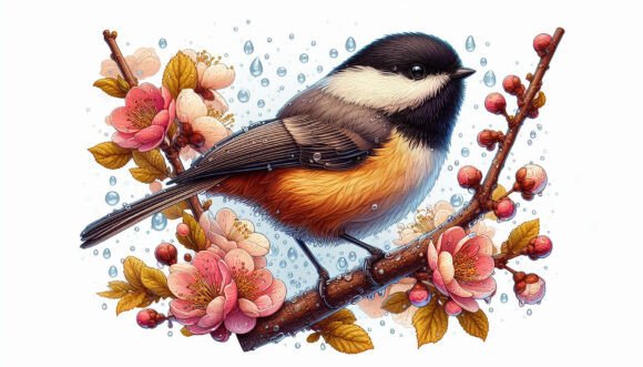 Download Chickadee with Blooms and Raindrops - Raindrops Collection